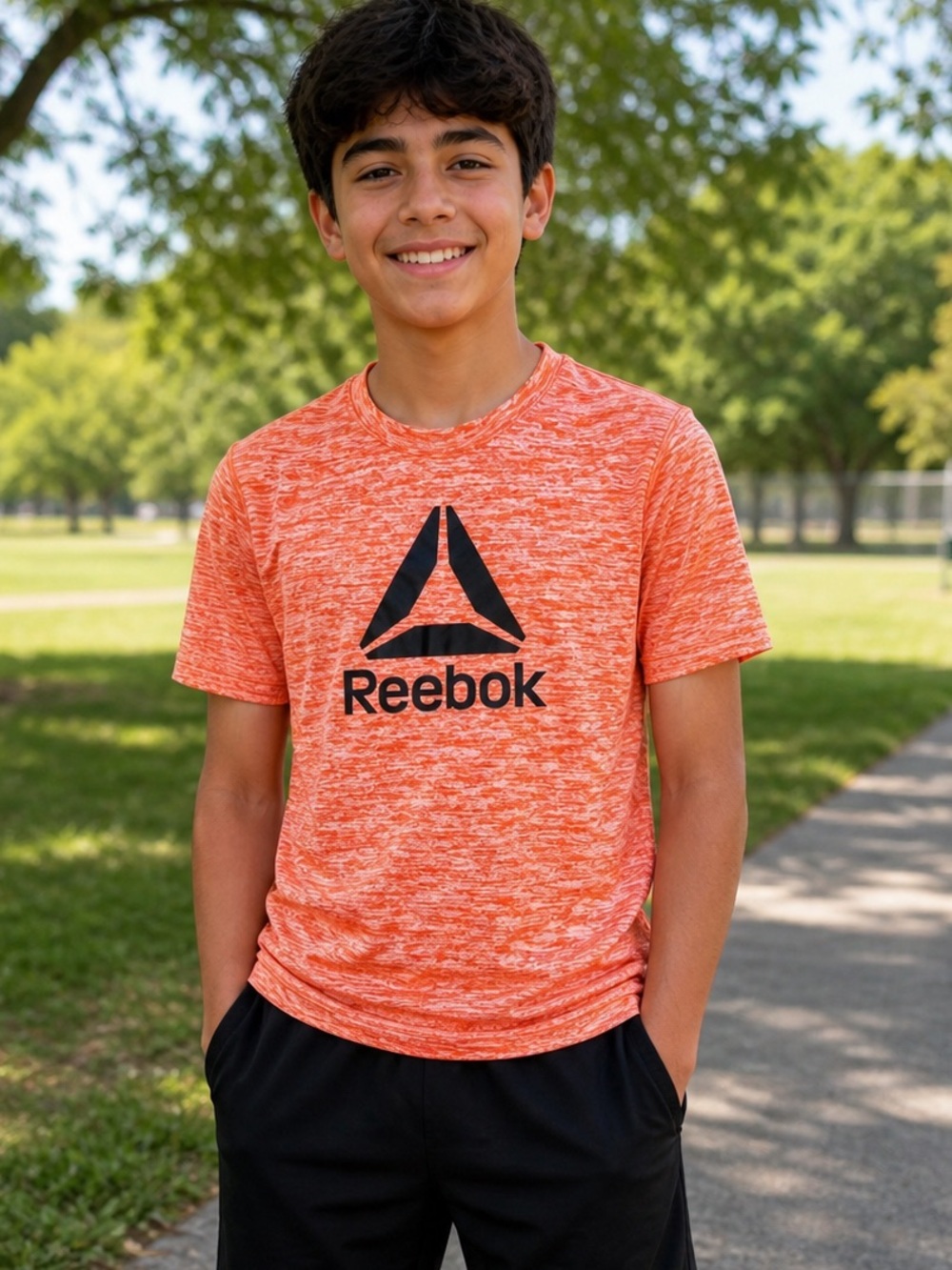 Reebok Kids Boy’s Print Logo Orange Crewneck Tee Shirt Size 8/10
